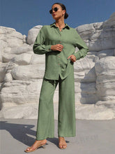 Charger l\'image dans la visionneuse de la galerie, Clasi Solid Color Button Down Long Sleeve Shirt And Wide Leg Pants