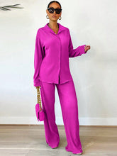 Charger l\'image dans la visionneuse de la galerie, 2pcs/Set Fashionable Pleated Shirt And Comfortable Wide Leg Pants Women's Casual Outfit
