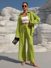 Charger l\'image dans la visionneuse de la galerie, Clasi Solid Color Button Down Long Sleeve Shirt And Wide Leg Pants
