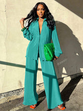 Charger l\'image dans la visionneuse de la galerie, 2pcs/Set Fashionable Pleated Shirt And Comfortable Wide Leg Pants Women's Casual Outfit