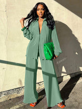 Charger l\'image dans la visionneuse de la galerie, 2pcs/Set Fashionable Pleated Shirt And Comfortable Wide Leg Pants Women's Casual Outfit