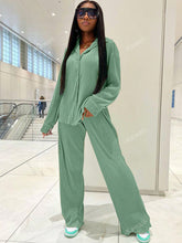 Charger l\'image dans la visionneuse de la galerie, 2pcs/Set Fashionable Pleated Shirt And Comfortable Wide Leg Pants Women's Casual Outfit