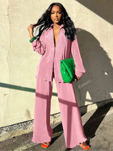 Charger l\'image dans la visionneuse de la galerie, 2pcs/Set Fashionable Pleated Shirt And Comfortable Wide Leg Pants Women's Casual Outfit