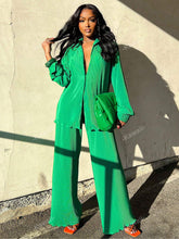 Charger l\'image dans la visionneuse de la galerie, 2pcs/Set Fashionable Pleated Shirt And Comfortable Wide Leg Pants Women's Casual Outfit