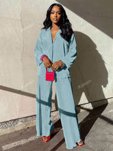 Charger l\'image dans la visionneuse de la galerie, 2pcs/Set Fashionable Pleated Shirt And Comfortable Wide Leg Pants Women's Casual Outfit