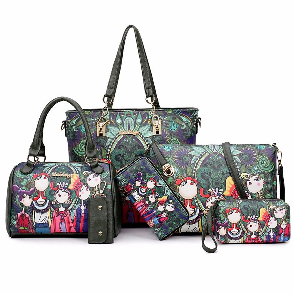 Women's Pattern / Print PU Bag Set Bag Sets Floral Print 6 Pieces Purse Set Dark Green