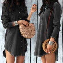 Charger l\'image dans la visionneuse de la galerie, Fashion Autumn Women Dress Lady Long Sleeve Denim Shirt Dress Casual Turn-down Collar Loose Tassels Dresses