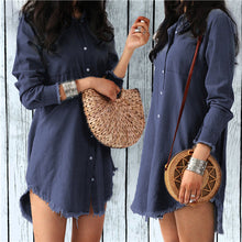 Charger l\'image dans la visionneuse de la galerie, Fashion Autumn Women Dress Lady Long Sleeve Denim Shirt Dress Casual Turn-down Collar Loose Tassels Dresses