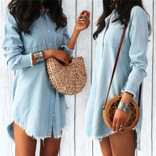 Charger l\'image dans la visionneuse de la galerie, Fashion Autumn Women Dress Lady Long Sleeve Denim Shirt Dress Casual Turn-down Collar Loose Tassels Dresses