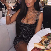 Charger l\'image dans la visionneuse de la galerie, Festival Queen Bling Rhinestones White Black Mesh Hollow Out Dress