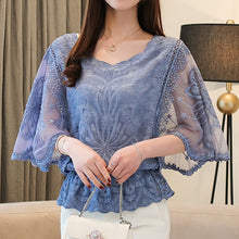 Charger l\'image dans la visionneuse de la galerie, New Chiffon Blouse O-Neck 2019 Summer Full Cotton Edge Lace Blouses Shirt Butterfly Flower Half
