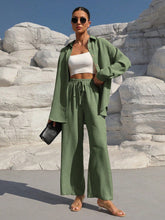 Charger l\&#39;image dans la visionneuse de la galerie, Clasi Solid Color Button Down Long Sleeve Shirt And Wide Leg Pants