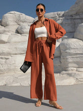 Charger l\&#39;image dans la visionneuse de la galerie, Clasi Solid Color Button Down Long Sleeve Shirt And Wide Leg Pants