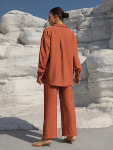 Clasi Solid Color Button Down Long Sleeve Shirt And Wide Leg Pants