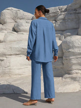 Charger l\&#39;image dans la visionneuse de la galerie, Clasi Solid Color Button Down Long Sleeve Shirt And Wide Leg Pants