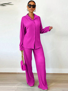 2pcs/Set Fashionable Pleated Shirt And Comfortable Wide Leg Pants Women's Casual Outfit