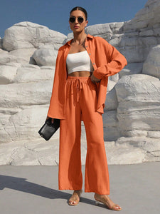 Clasi Solid Color Button Down Long Sleeve Shirt And Wide Leg Pants