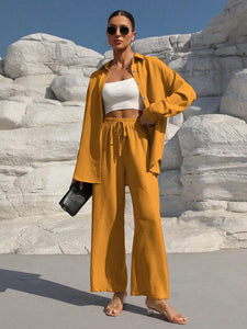 Clasi Solid Color Button Down Long Sleeve Shirt And Wide Leg Pants