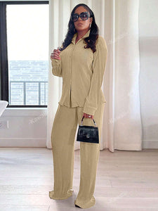 2pcs/Set Fashionable Pleated Shirt And Comfortable Wide Leg Pants Women's Casual Outfit