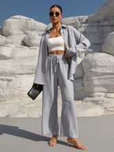 Charger l\&#39;image dans la visionneuse de la galerie, Clasi Solid Color Button Down Long Sleeve Shirt And Wide Leg Pants