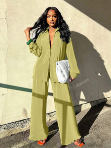 2pcs/Set Fashionable Pleated Shirt And Comfortable Wide Leg Pants Women's Casual Outfit