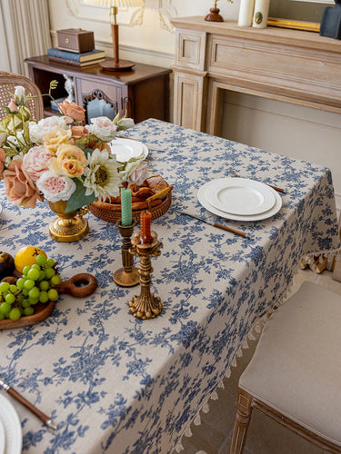 1pc Vintage Blue Rose Floral Tassel Table Cloth