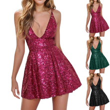 Load image into Gallery viewer, Elegant Solid V-Neck Mini Sequins Dress Black Elegant Cocktail Party Dress Clubwear Sparkling Dress Summer Mini Bodycon Vestido