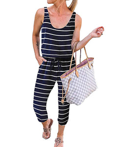 Women's Casual Round Neck Sleeveless Jumpsuit Drawstring Waist Stretchy Long Pant Romper with Pockets