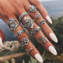 Load image into Gallery viewer, 11 pcs/set Bohemian retro elephant flower leaves cross exaggerated gem silver ring set women Wedding Party Jewelry Accessories