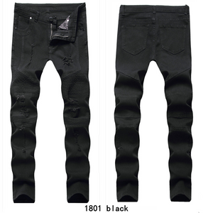 All Black Skinny Jeans Men Destroyed Straight Slim Fit Biker Pants Ripped Denim Washed Hiphop INS Trousers