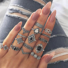 Load image into Gallery viewer, 15 Pcs/set Bohemian Retro Crystal Flower Leaves Hollow Lotus Gem Silver Ring Set