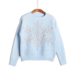 Snowflake Sequined Pearl Knitted Christmas Sweater