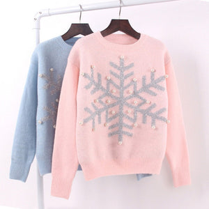 Snowflake Sequined Pearl Knitted Christmas Sweater