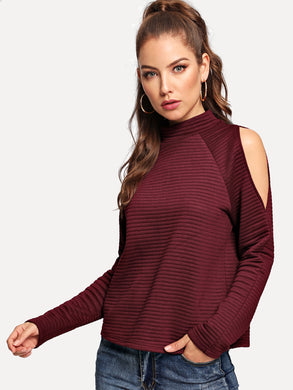 Mock Neck Open Shoulder Raglan Sleeve Textured Top