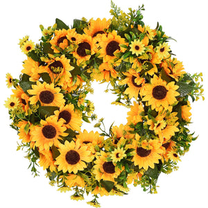 Artificial Sunflower Swag, 25" Decorative Swag with Sunflowers, Green Leaves and Silk Ribbon for Wedding Arch Front Door Wall Decor