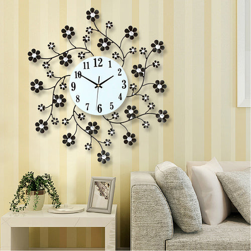 Pastoral Flower Iron Rhinestone Living Room Bedroom Watch Clocks Large Decorative Wall Clock Saat Horloge Murale