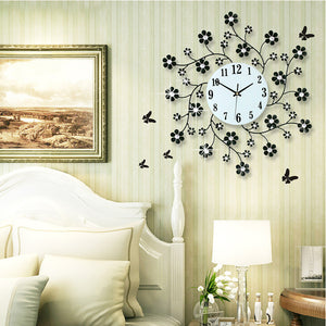 Pastoral Flower Iron Rhinestone Living Room Bedroom Watch Clocks Large Decorative Wall Clock Saat Horloge Murale