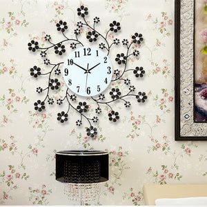 Pastoral Flower Iron Rhinestone Living Room Bedroom Watch Clocks Large Decorative Wall Clock Saat Horloge Murale