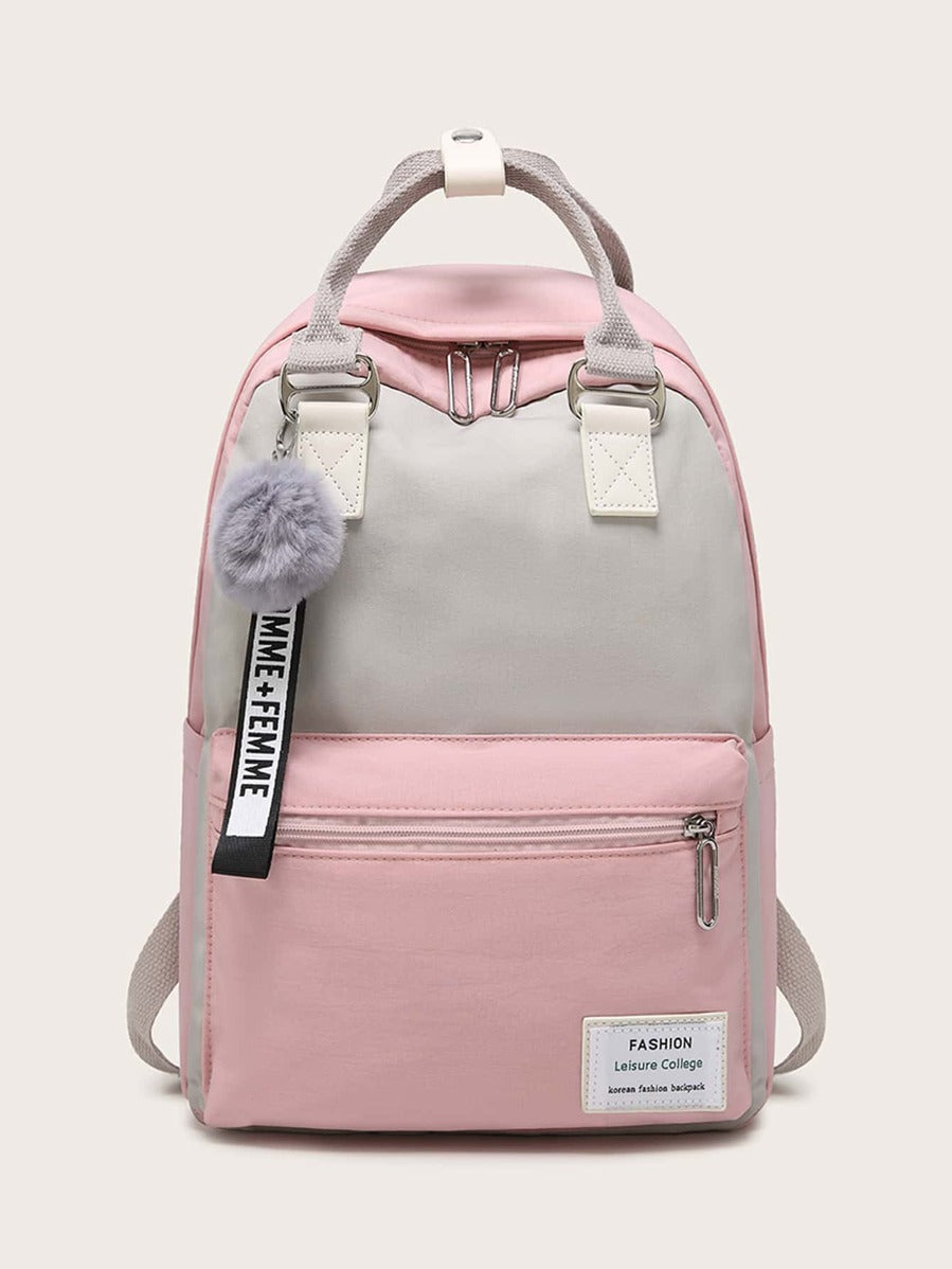 Pom Pom Decor Color Block Backpack