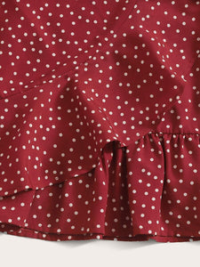 SHEIN Tie Front Polka-dot Print Top & Ruffle Hem Knot Skirt Set