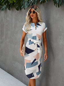 Notched Neck Geo Print Belted Dress