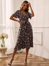 Load image into Gallery viewer, Allover Floral Print Flounce Sleeve Belted Dress