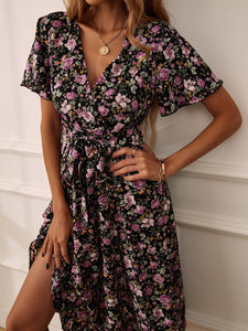 Allover Floral Print Flounce Sleeve Belted Dress