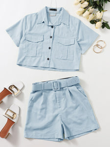 Button Front Top & Belted Shorts Set