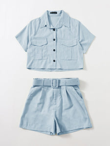 Button Front Top & Belted Shorts Set