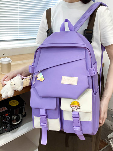 5pcs Two Tone Cartoon Decor Backpack Set