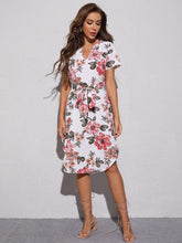 Load image into Gallery viewer, Floral Print Belted Curved Hem Dress