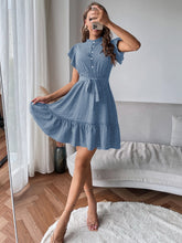 Load image into Gallery viewer, Polka Dot Print Butterfly Sleeve Flounce Hem Belted Dress