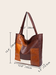 EMERY ROSE Color Block Studded Decor Shoulder Tote Bag