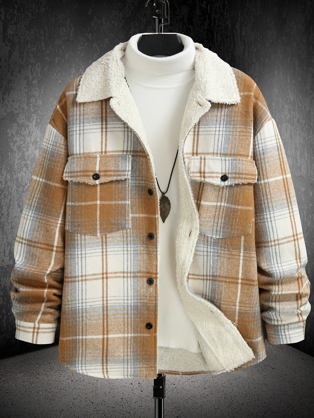 Men Plaid Print Teddy Lined Overcoat Without Sweater